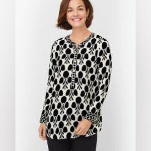 Talbots Blouse Band Collar Bicolor Border Curved Hem Popover Long Sleeves 3X P